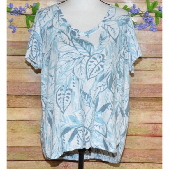 Tahari Womens Blue Linen V-Neck Short Sleeve Shirt Top Plus Size 1X Leaf Pattern - Picture 1 of 8